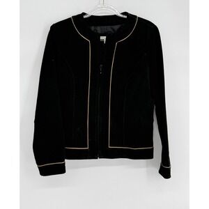 Yvonne & Marie Black Suede Leather Jacket Gold Piping Zip Front Womens Sz 8